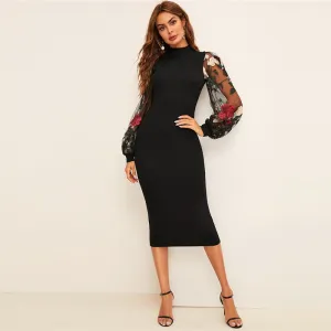 Women's Summer Polyester Sheath Long-Sleeved Midi Dress