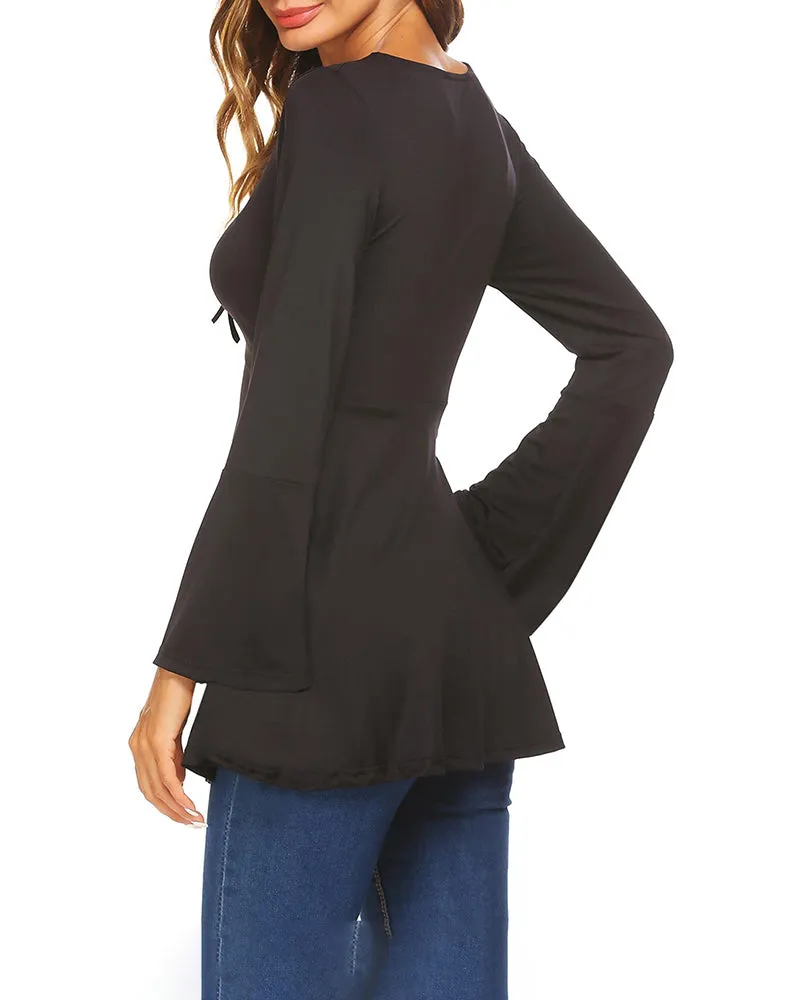 Zeagoo Women's Sexy V-Neck Pleated Front Long Bell Sleeve Blouse Tops