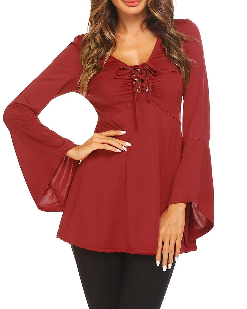 Zeagoo Women's Sexy V-Neck Pleated Front Long Bell Sleeve Blouse Tops