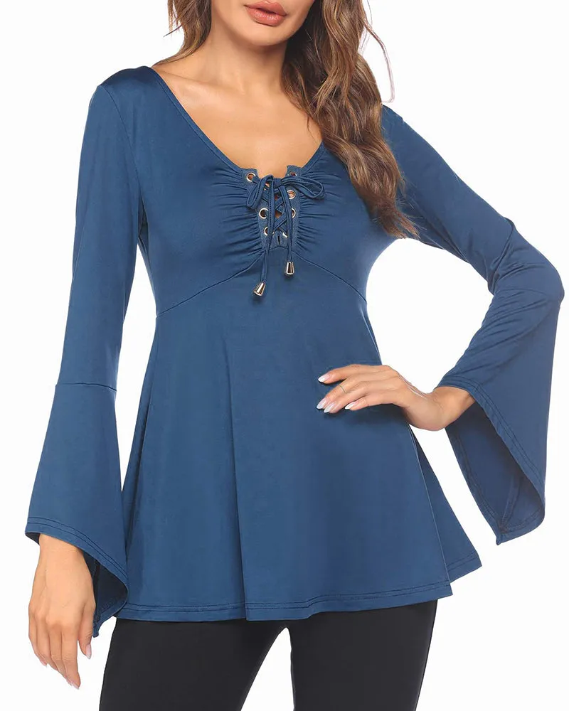 Zeagoo Women's Sexy V-Neck Pleated Front Long Bell Sleeve Blouse Tops