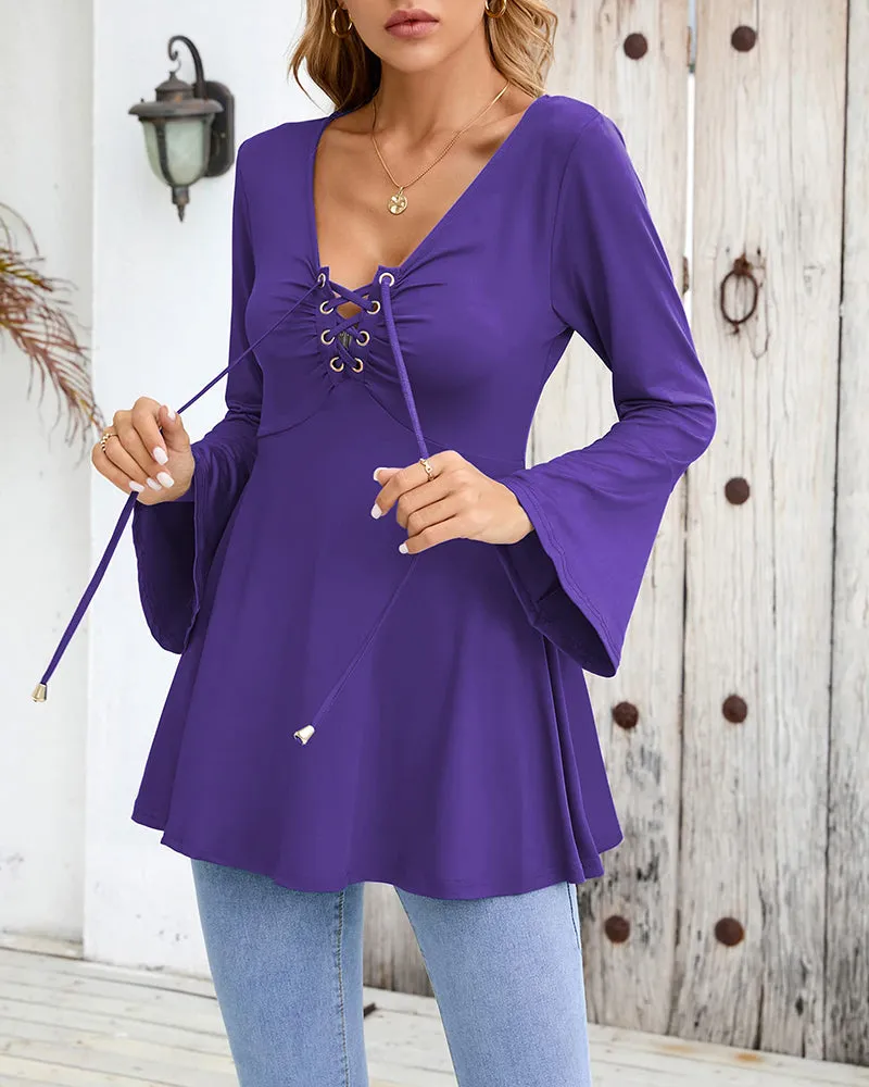 Zeagoo Women's Sexy V-Neck Pleated Front Long Bell Sleeve Blouse Tops