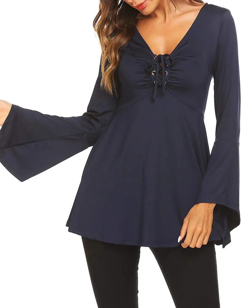 Zeagoo Women's Sexy V-Neck Pleated Front Long Bell Sleeve Blouse Tops