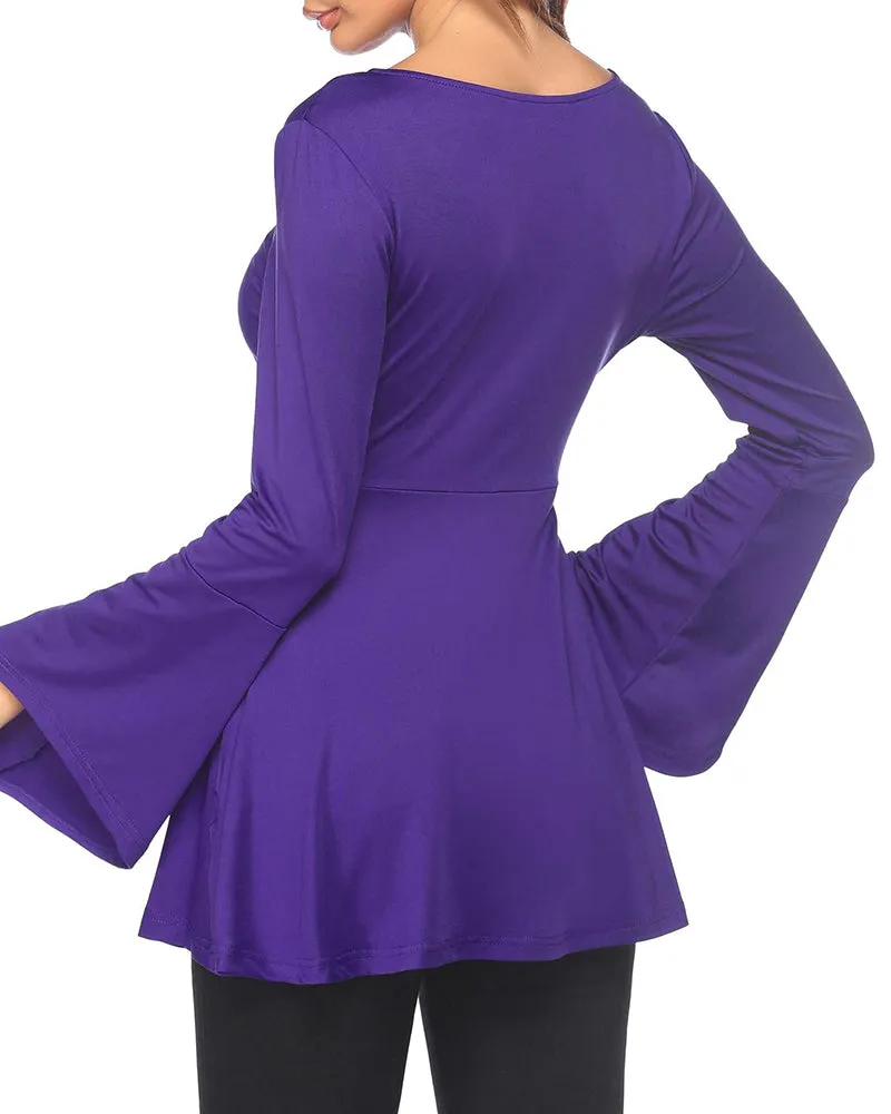 Zeagoo Women's Sexy V-Neck Pleated Front Long Bell Sleeve Blouse Tops