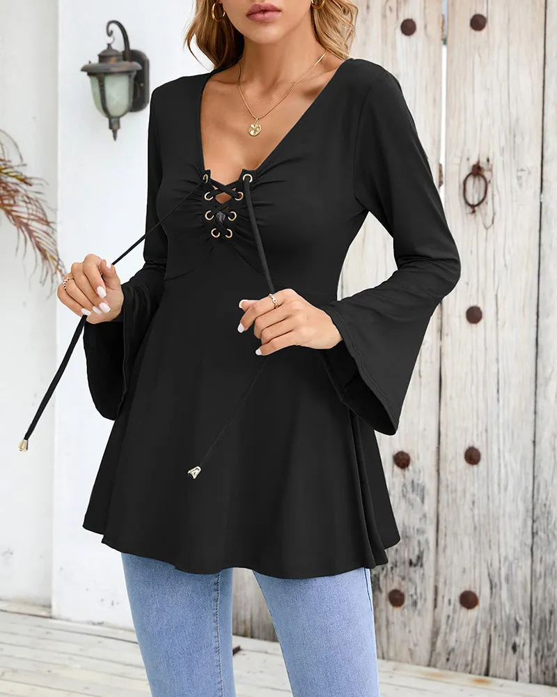 Zeagoo Women's Sexy V-Neck Pleated Front Long Bell Sleeve Blouse Tops