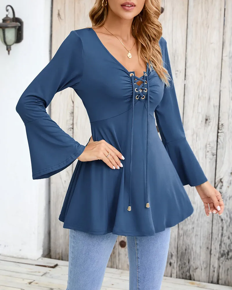 Zeagoo Women's Sexy V-Neck Pleated Front Long Bell Sleeve Blouse Tops