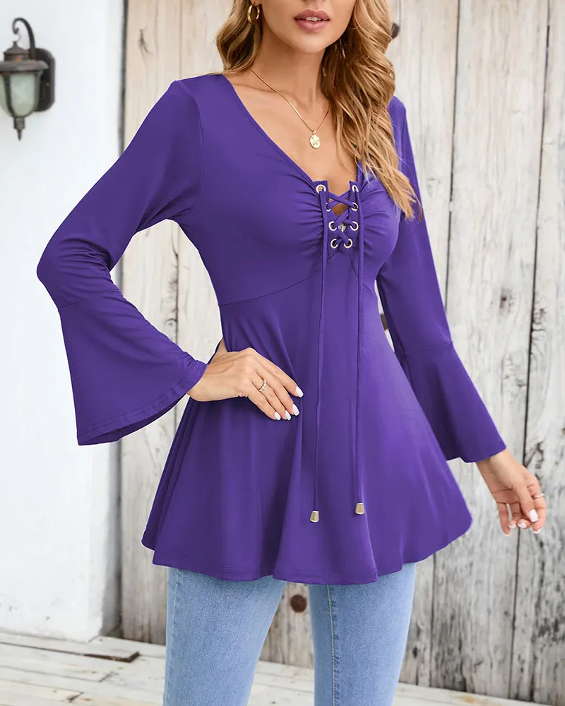 Zeagoo Women's Sexy V-Neck Pleated Front Long Bell Sleeve Blouse Tops