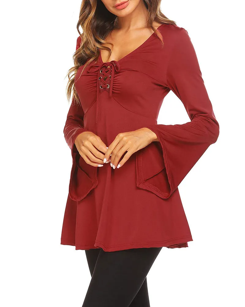 Zeagoo Women's Sexy V-Neck Pleated Front Long Bell Sleeve Blouse Tops