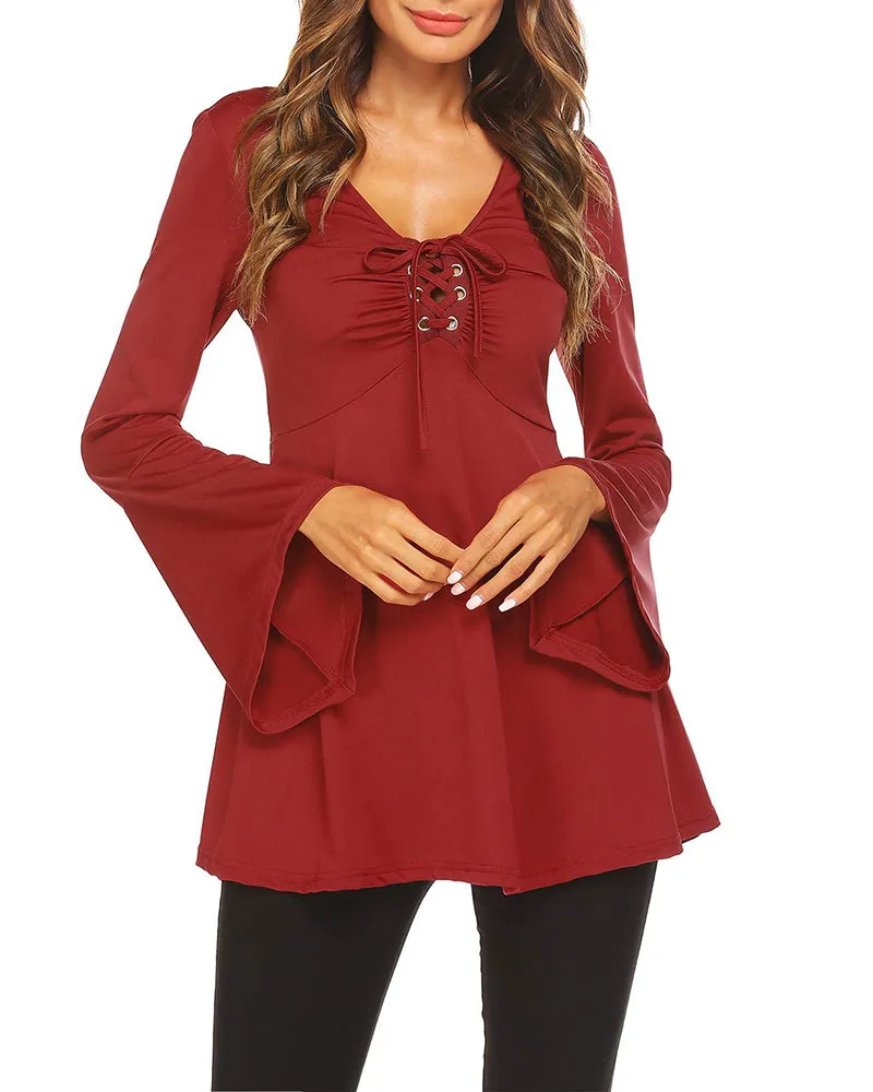 Zeagoo Women's Sexy V-Neck Pleated Front Long Bell Sleeve Blouse Tops