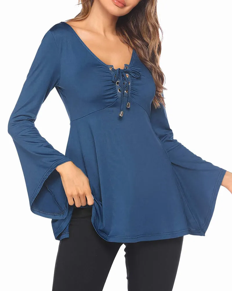 Zeagoo Women's Sexy V-Neck Pleated Front Long Bell Sleeve Blouse Tops