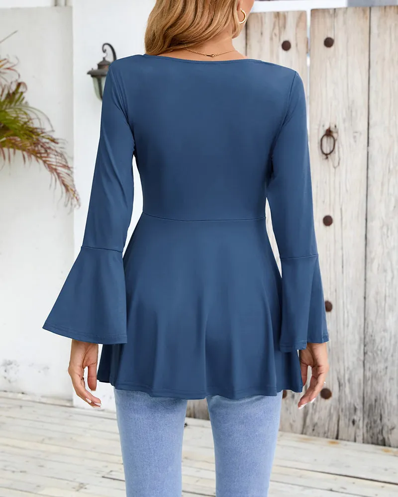 Zeagoo Women's Sexy V-Neck Pleated Front Long Bell Sleeve Blouse Tops