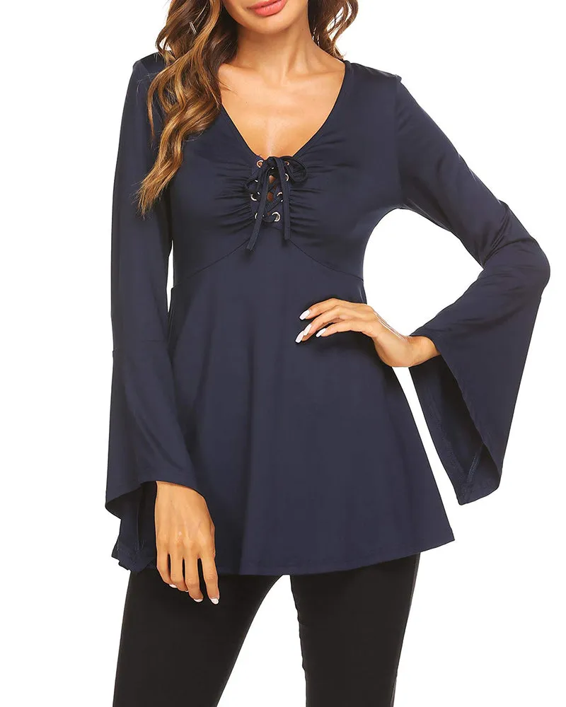 Zeagoo Women's Sexy V-Neck Pleated Front Long Bell Sleeve Blouse Tops
