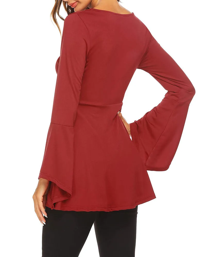 Zeagoo Women's Sexy V-Neck Pleated Front Long Bell Sleeve Blouse Tops