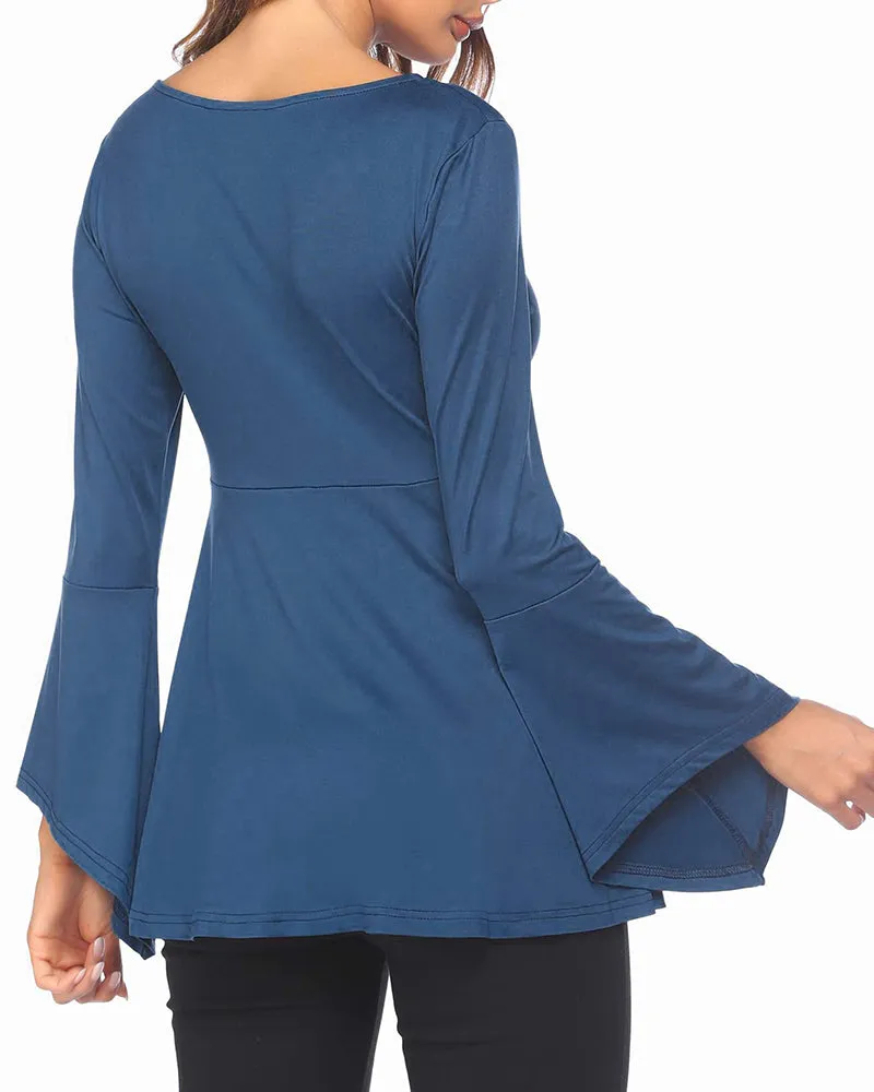 Zeagoo Women's Sexy V-Neck Pleated Front Long Bell Sleeve Blouse Tops