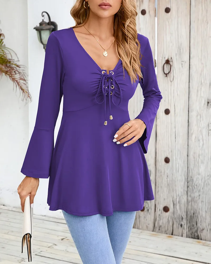 Zeagoo Women's Sexy V-Neck Pleated Front Long Bell Sleeve Blouse Tops