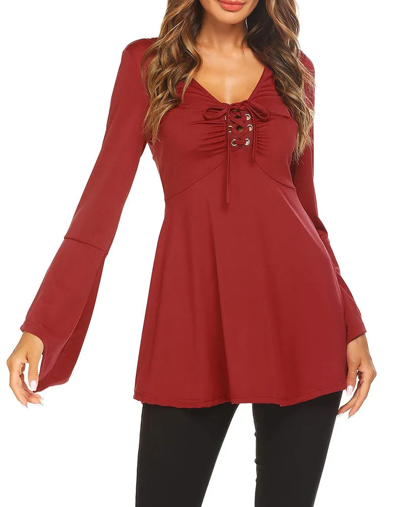 Zeagoo Women's Sexy V-Neck Pleated Front Long Bell Sleeve Blouse Tops