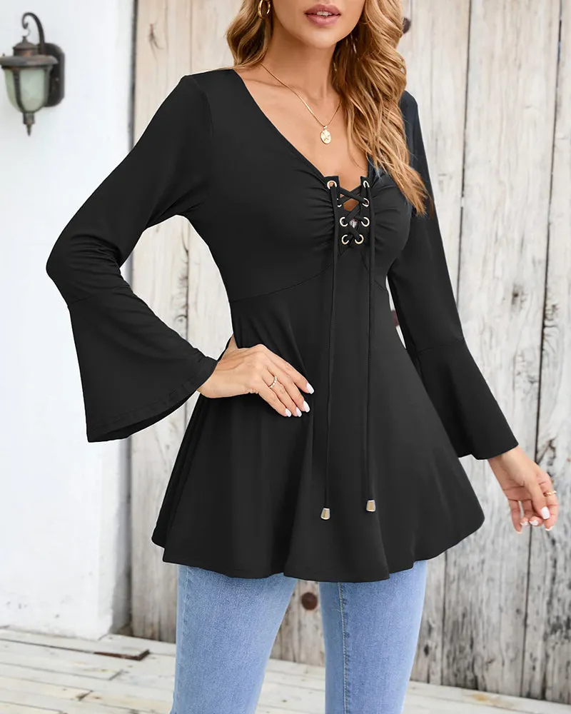 Zeagoo Women's Sexy V-Neck Pleated Front Long Bell Sleeve Blouse Tops