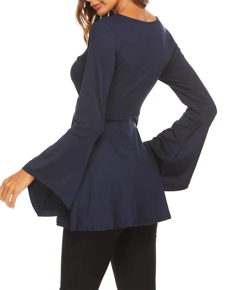 Zeagoo Women's Sexy V-Neck Pleated Front Long Bell Sleeve Blouse Tops