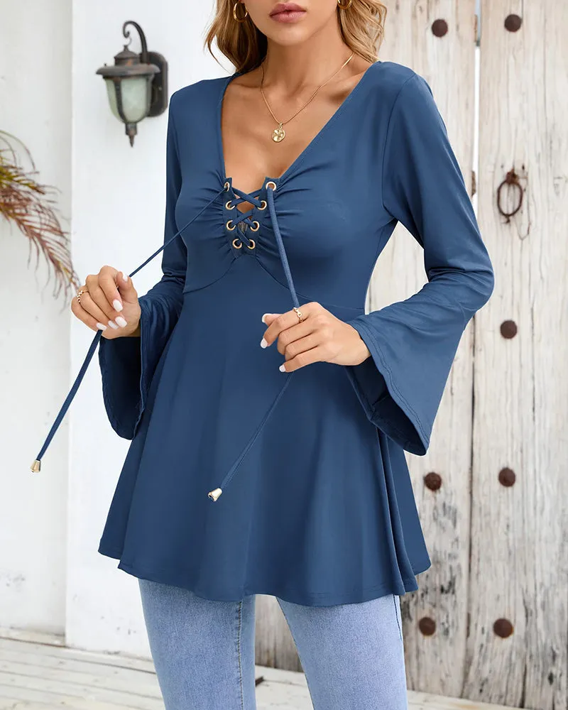 Zeagoo Women's Sexy V-Neck Pleated Front Long Bell Sleeve Blouse Tops
