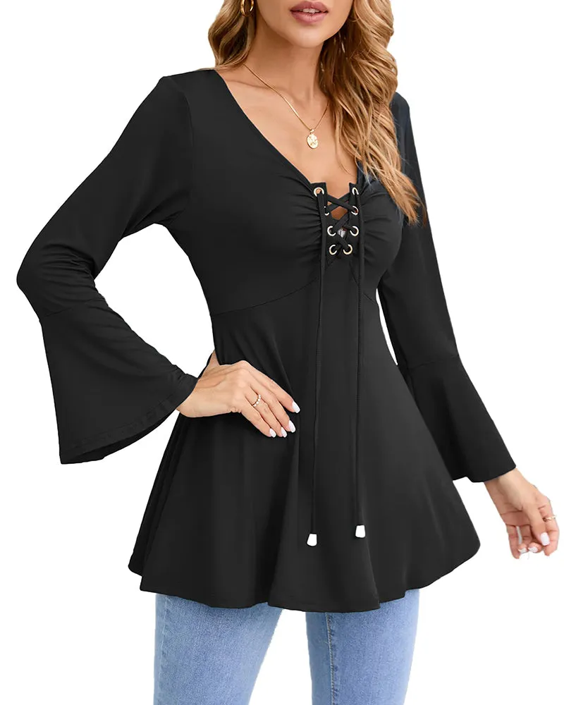 Zeagoo Women's Sexy V-Neck Pleated Front Long Bell Sleeve Blouse Tops