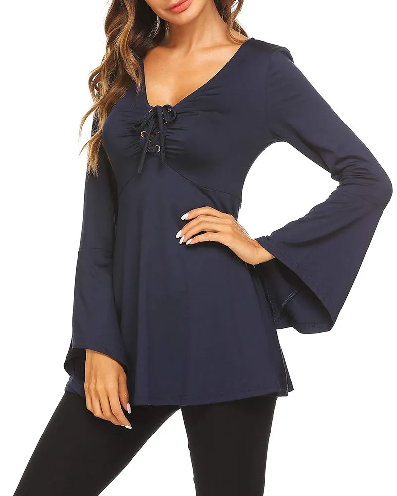 Zeagoo Women's Sexy V-Neck Pleated Front Long Bell Sleeve Blouse Tops